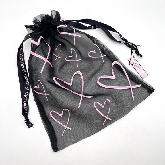 VICTORIAS SECRET Lingerie Sheer Black Pink Heart Drawstring Bag Pouch X2 NEW - Picture 2 of 9
